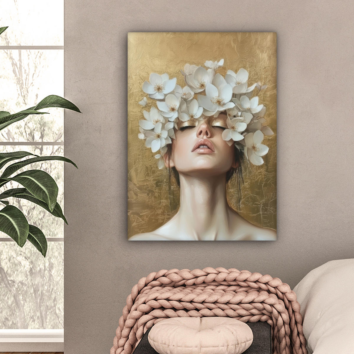 LEINWANDBILD Gesicht - Blumen - Gold - Abstrakt Wandbild Wohnzimmer 60x80 cm - Goldfarben, Textil (60/80cm) - MuchoWow