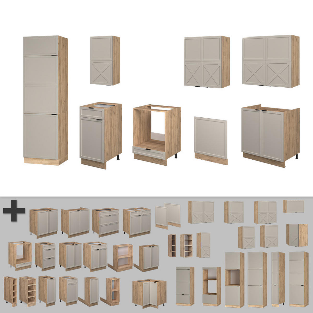 KÜCHENZEILE Fame-Line GrauBeige/Goldkraft Eiche 300 cm ohne AP - Honigeiche/Grau, Holzwerkstoff (300/81.6/46cm) - Vicco