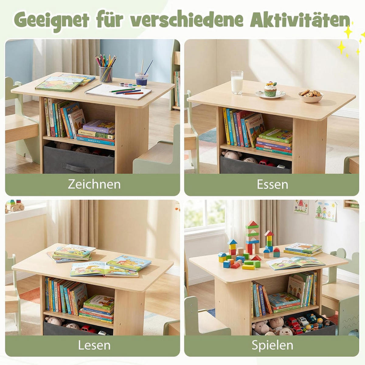 KINDERTISCH mit Stuhl grün(3-tlg) - Grün, Holzwerkstoff (70/49.5/48cm) - COSTWAY