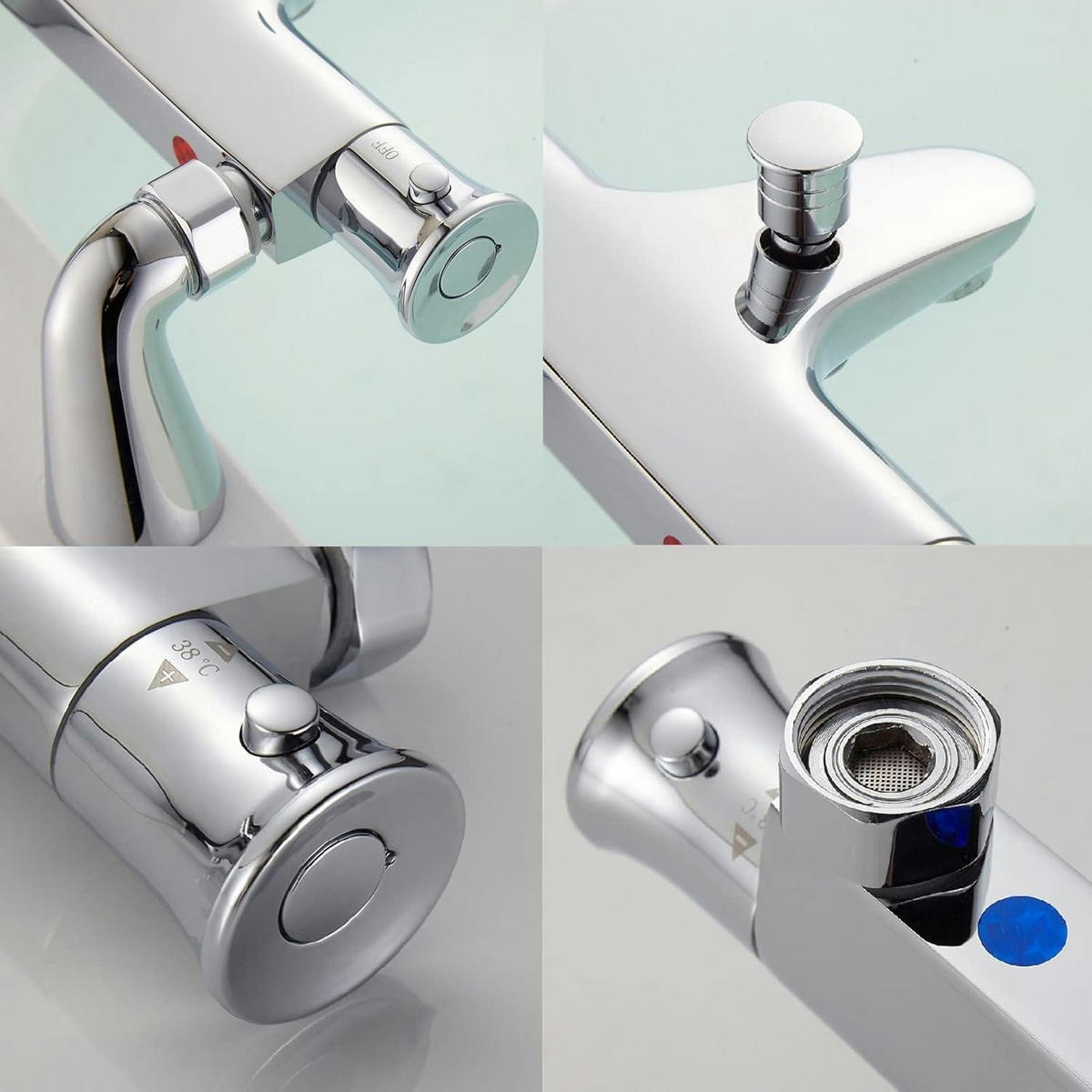 BADEWANNENARMATUR Thermostat Messing Chrom mit 38° Sicherheitstaste und Winkelventilen - Silberfarben, Metall (15/10/18cm)