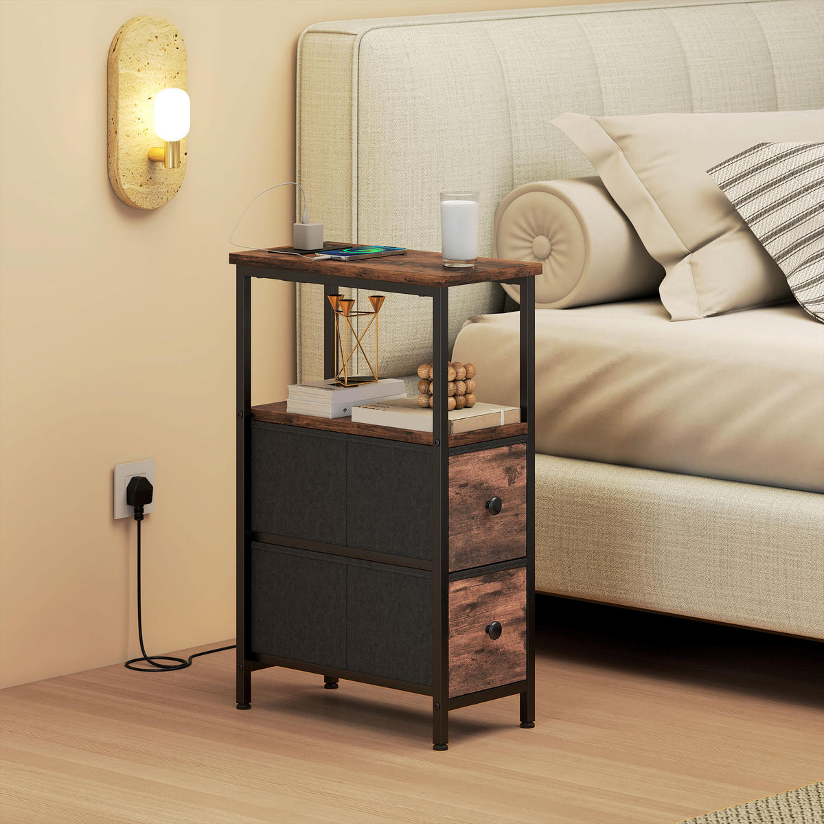 BEISTELLTISCH DE-08771 mit Ladestation & 2 Schubladen Rustikal-Braun - Braun, Metall (40/20/63cm) - ComfortXL