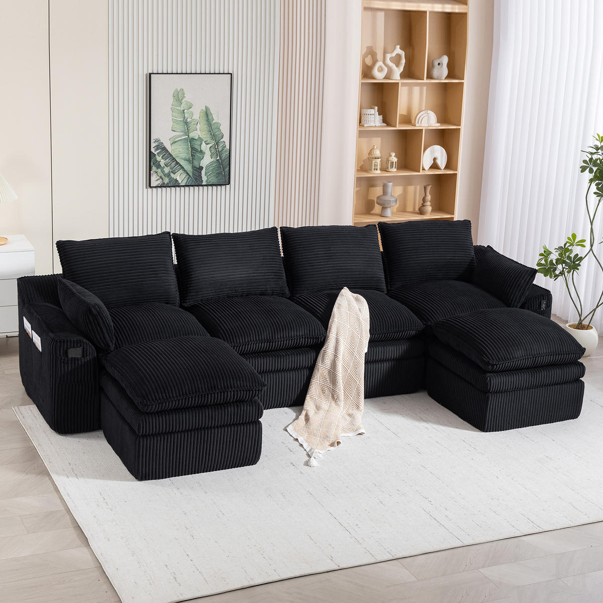 WOHNLANDSCHAFT Cord Schwarz mit Kissen und Seitentaschen - Schwarz, Textil (335/85/167cm) - WISHDOR
