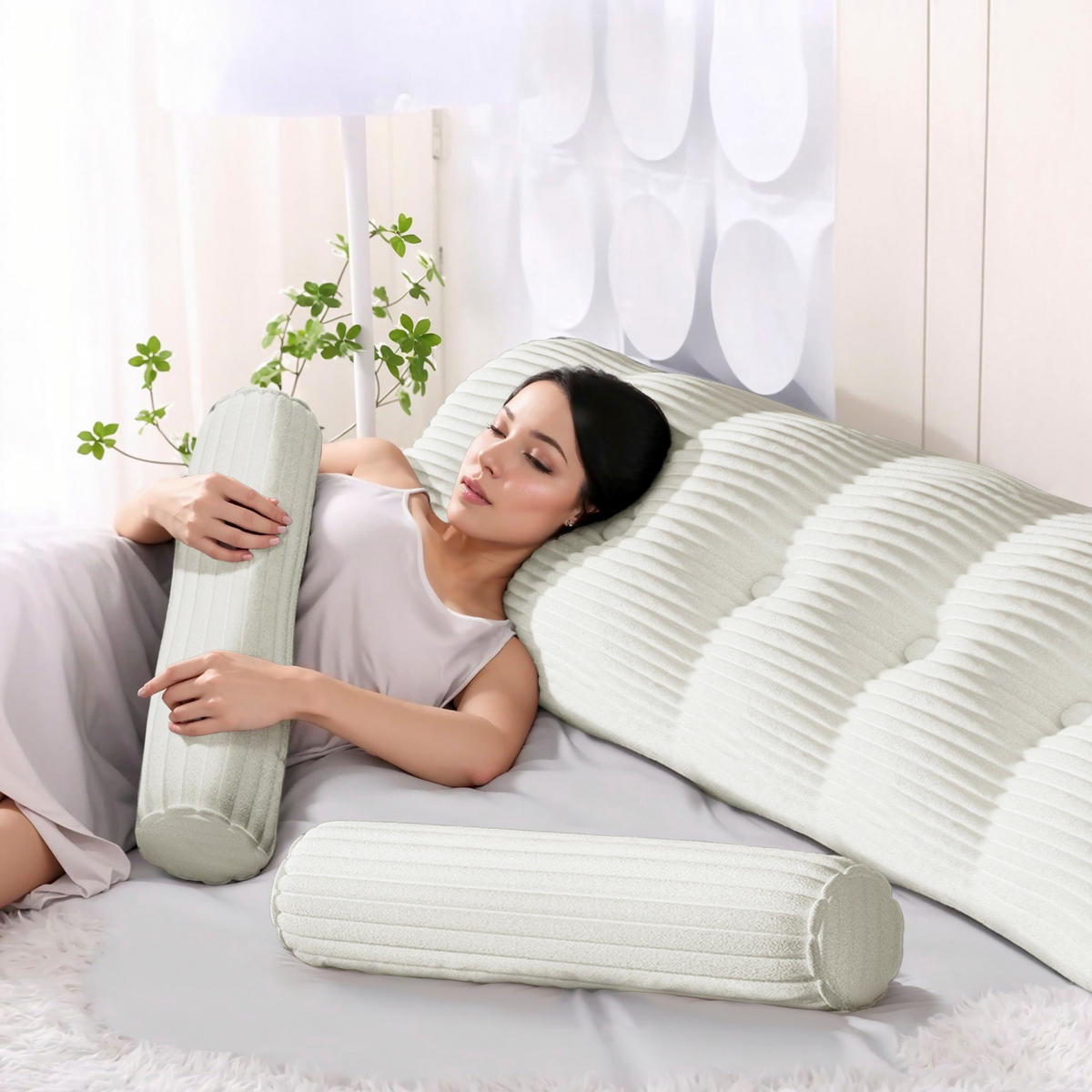 KEILKISSEN mit einem runden Kissen 3er-Set Gestreifter Samt Weiß 160cm - Weiß, Textil (20/160cm) - Vercart