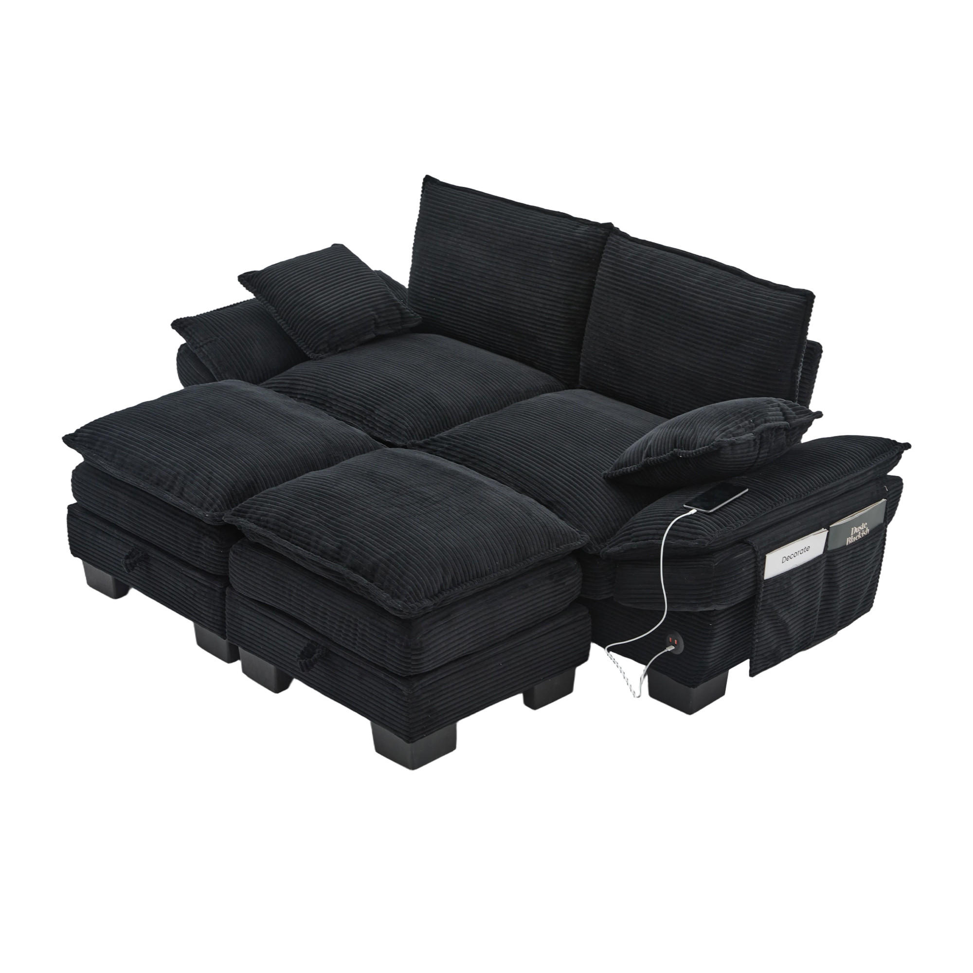 2-SITZER SOFA Cord Schwarz mit USB-C und Hocker - Schwarz, Holzwerkstoff/Kunststoff (190/84/132cm) - WISHDOR