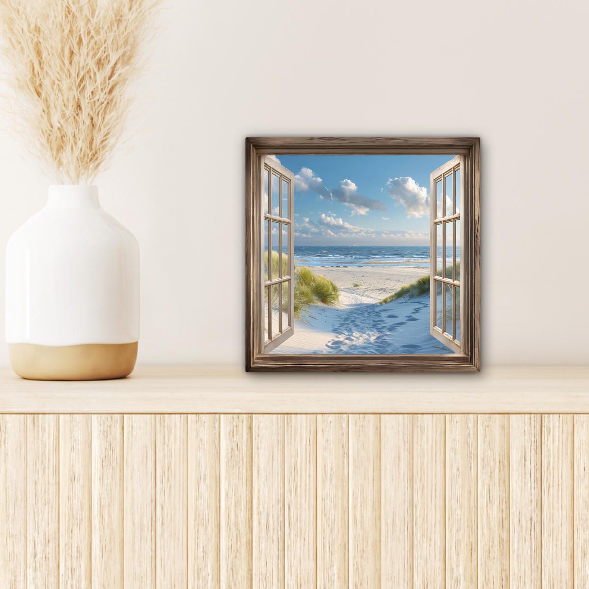 LEINWANDBILD Aussicht - Strand - Fenster - Dünen - Meer 20x20 cm - Hellblau, Textil (20/20cm) - MuchoWow