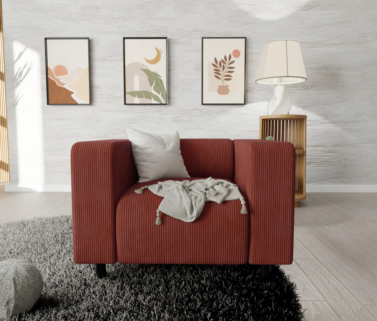 SITZGARNITUR 3+2+1 Tove Terrakotta Cord - Terra cotta/Schwarz, Holz/Kunststoff (175/65/80cm) - S-Style Möbel