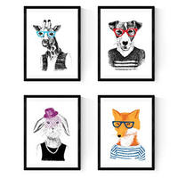 POSTER Set mit 4 „Hipster Animals“ A4 Rahmenlos - Klar, Papier (29.7/3cm) - Nacnic