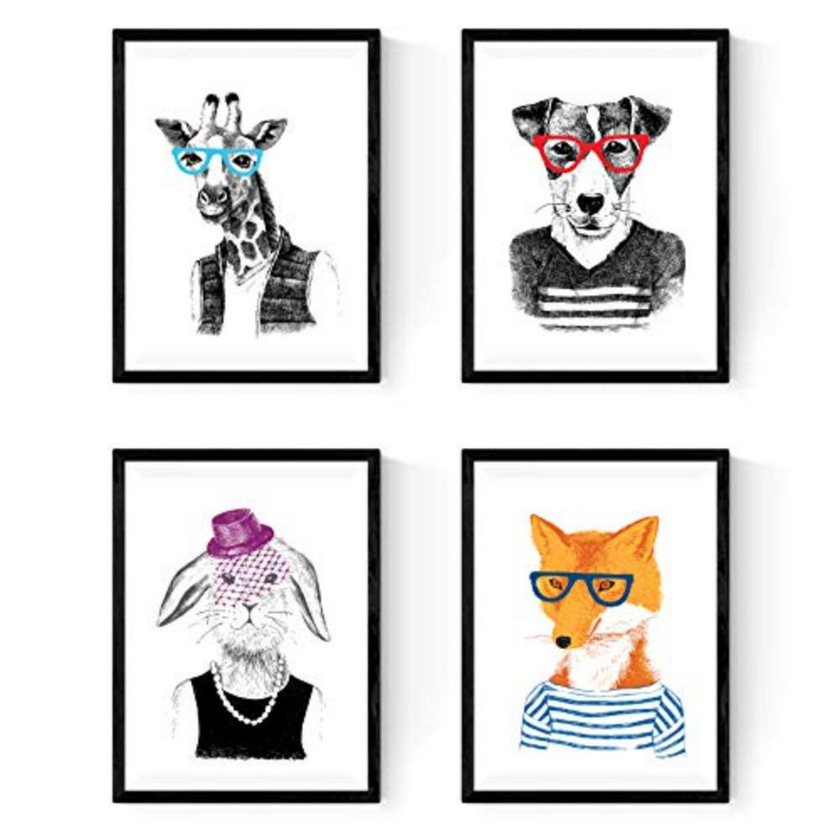 POSTER Set mit 4 „Hipster Animals“ A4 Rahmenlos - Klar, Papier (29.7/3cm) - Nacnic