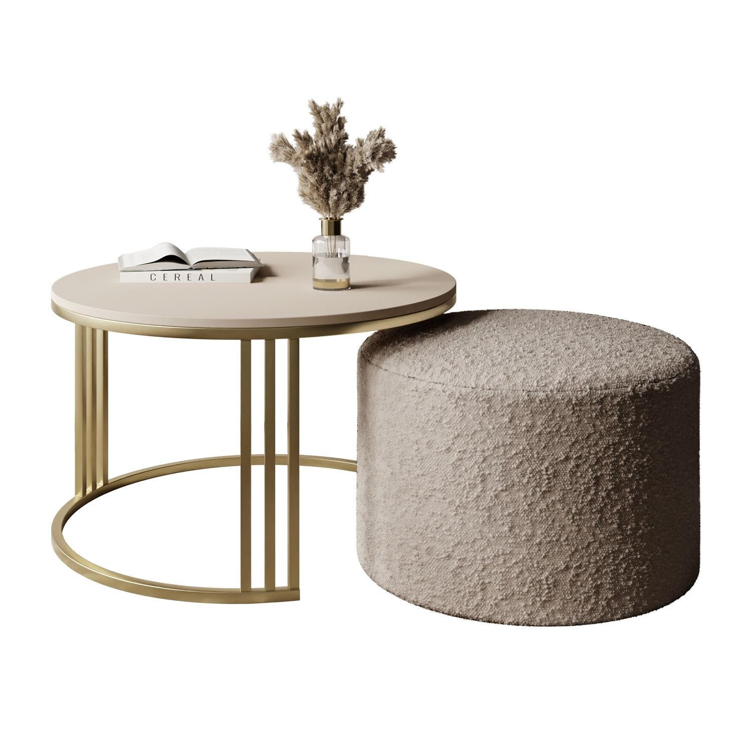COUCHTISCH mit Hocker LORI MAT gebürstetes Gold/Kaschmir matt/Coral 50 - Kaschmir, Metall (70/70/49cm) - Lookway
