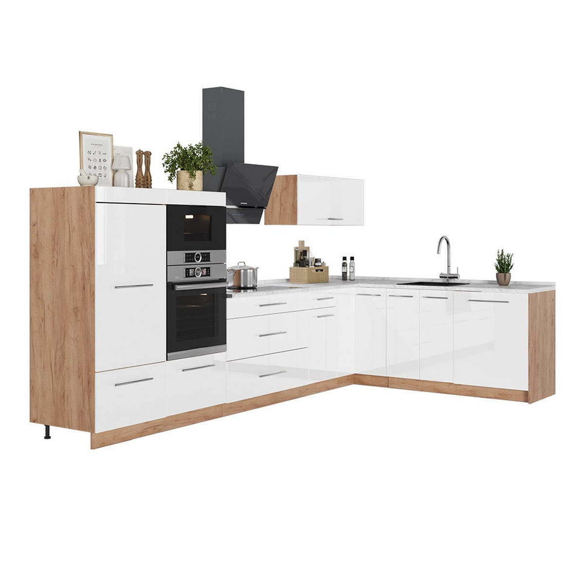 ECKKÜCHE Fame-Line, Weiß Hochglanz/Goldkraft Eiche, 347 x 207 cm, AP Marmor - Honigeiche/Weiß Hochglanz, Holzwerkstoff (347/153.6/60cm) - Vicco