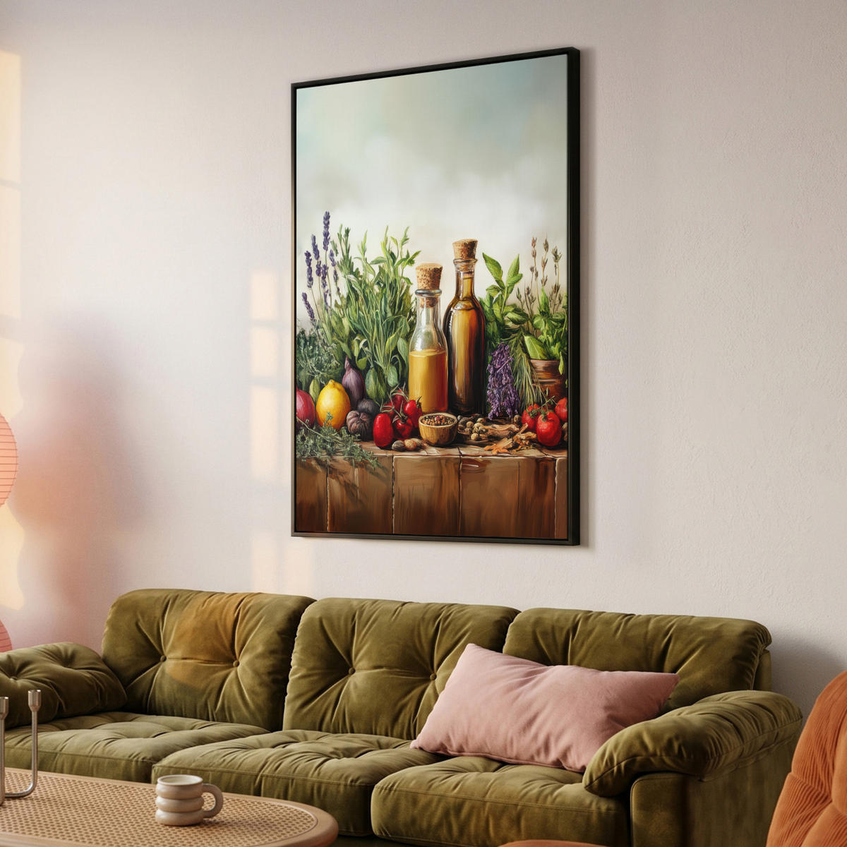 LEINWAND Bilder mit Rahmen - Stilleben - Kräuter - Gewürze - Früchte - Farbenfroh - 100x150 - Grün, Textil (100/150cm) - MuchoWow
