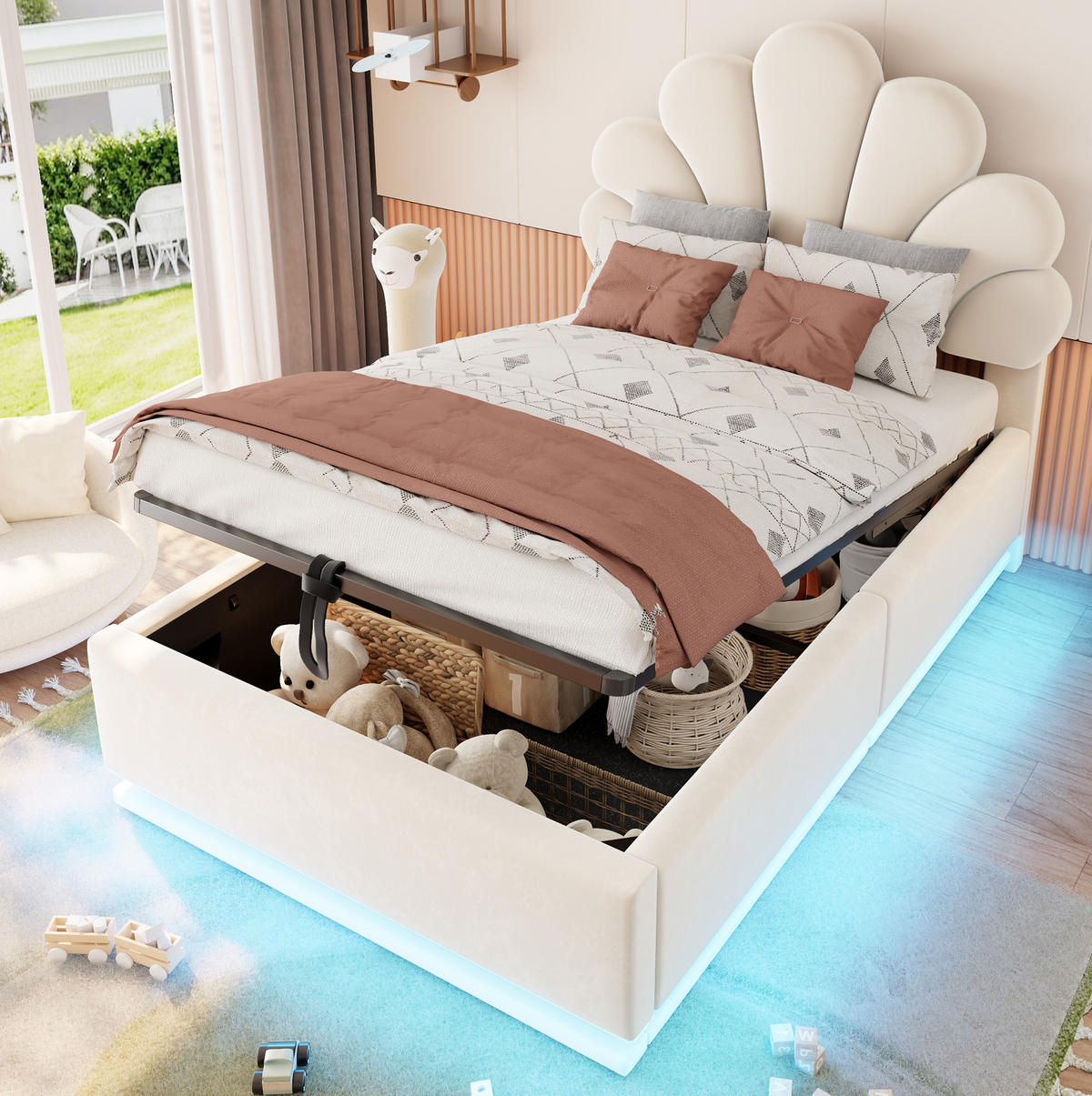 ČALOUNĚNÁ postel 90/200 cm s LED osvětlením a hydraulickým úložným prostorem, sametová, Béžová - béžová, textil (90/200cm) - Redom
