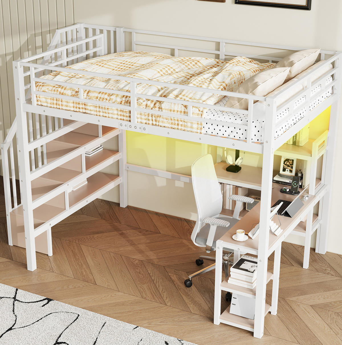HOCHBETT 140x200 cm in Weiß mit Schreibtisch, Stauraumtreppe, LED-Licht und USB-Ladestation - Weiß, Holzwerkstoff (140/200cm) - IVMEU