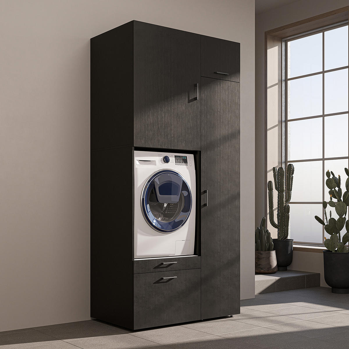 WASCHMASCHINENSCHRANK Serie 2 112cm Breit, 240cm Hoch - Schwarz, Holzwerkstoff (112/240/67cm)