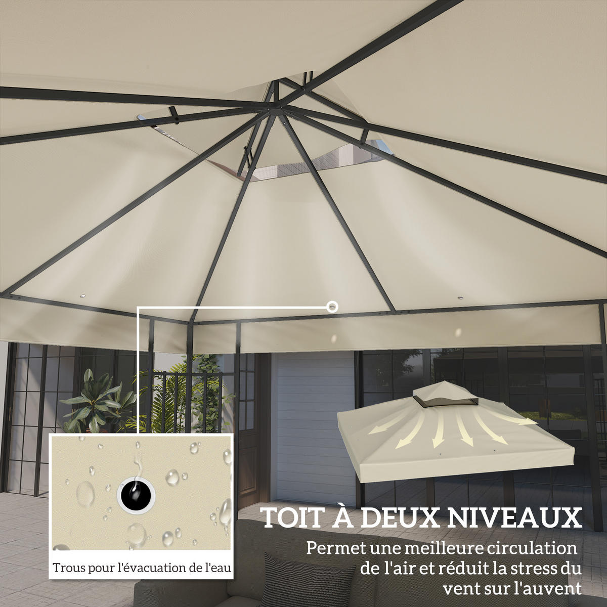 ERSATZDACH DE-12629 300/300 cm 2-stöckig 600D UPF30+ mit Drainage Creme - Creme, Textil (300/1/300cm) - ComfortXL