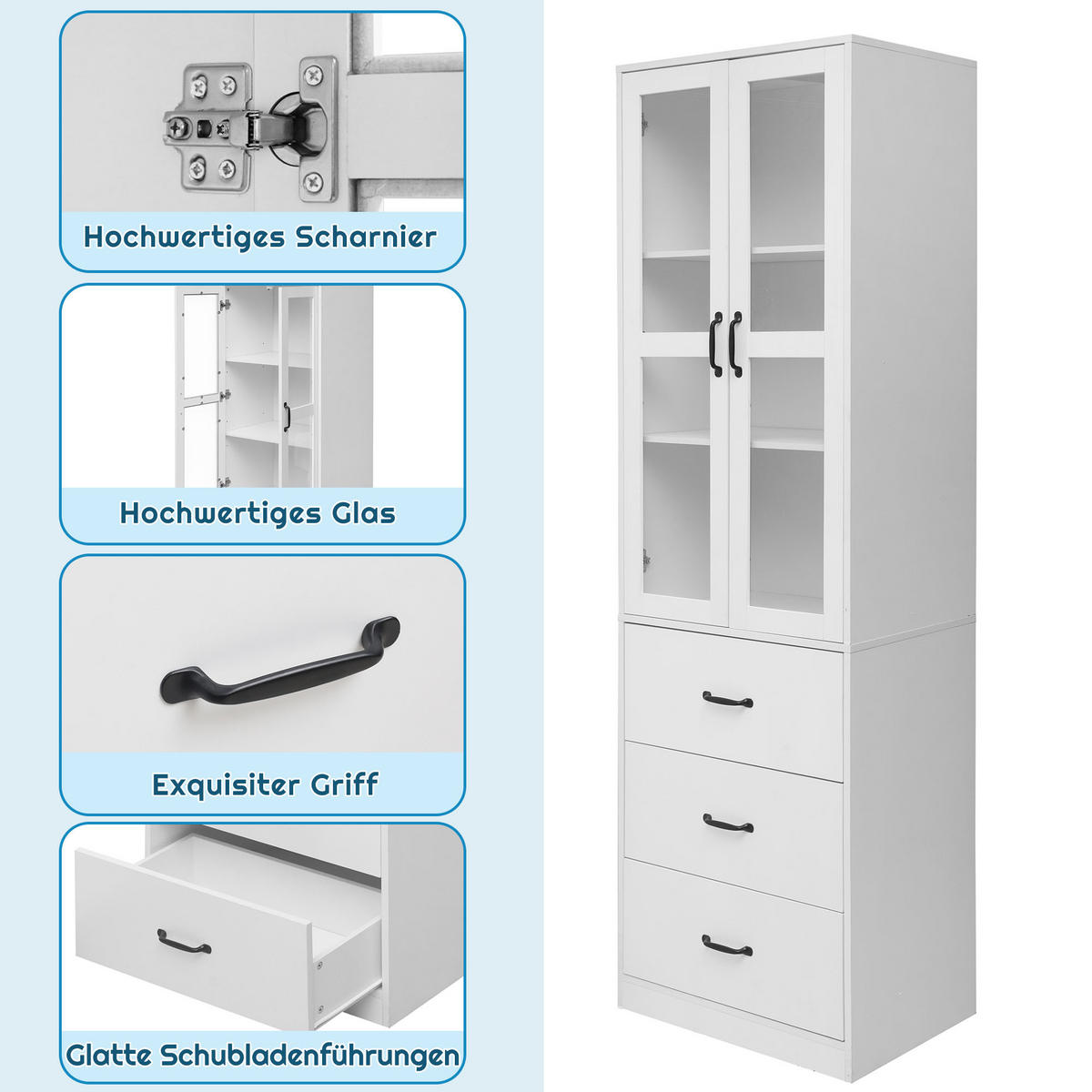 VITRINE in Weiß Bücherregal mit 3 Schubladen und LED-Beleuchtung für Wohnzimmer, B60/T40/H200cm - Transparent/Weiß, Holzwerkstoff/Kunststoff (60/200/40cm) - STILVORA