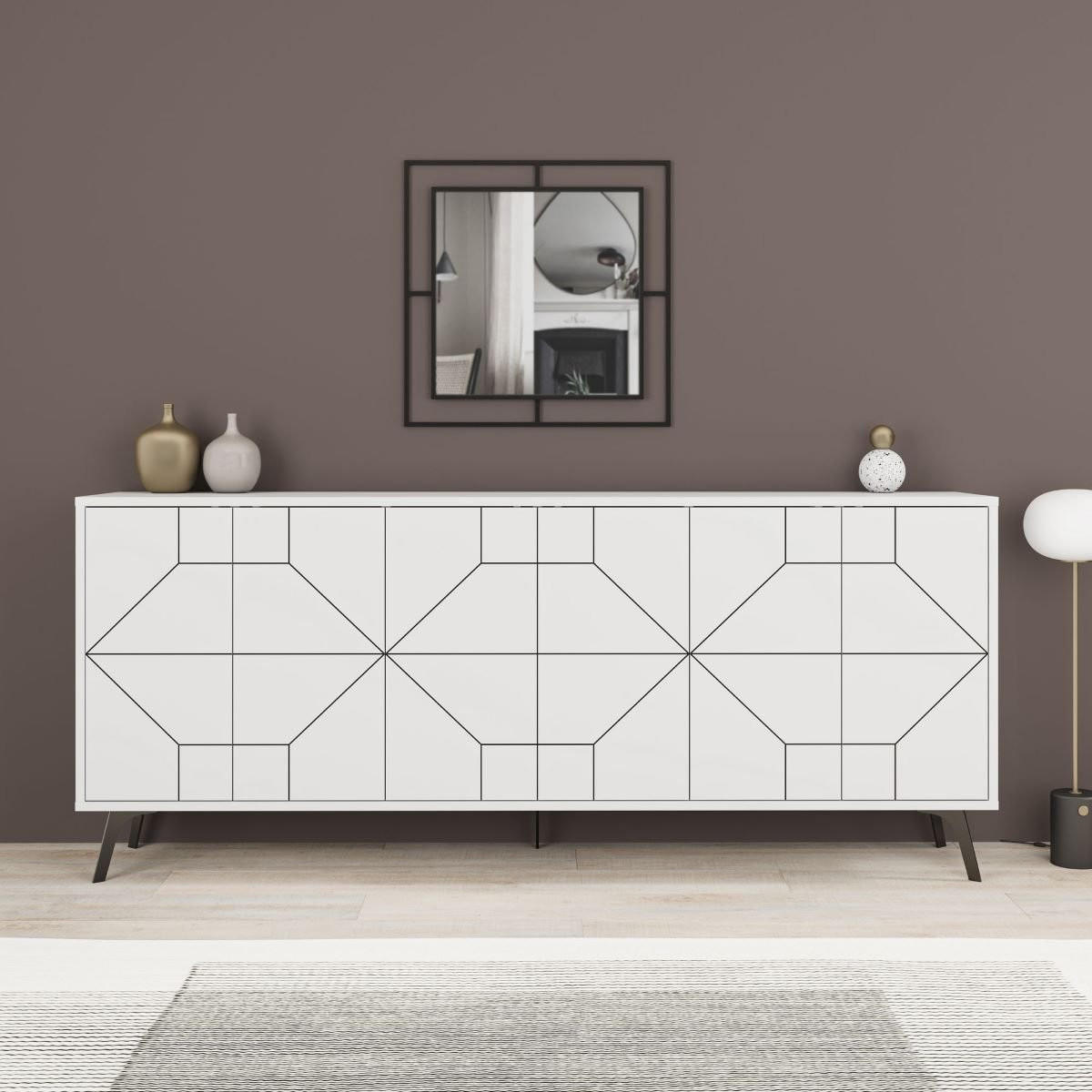 SIDEBOARD mit 6 dekorierten Türen L184 cm - Dune - Weiß, Holzwerkstoff (35/77.4/184cm) - Calicosy