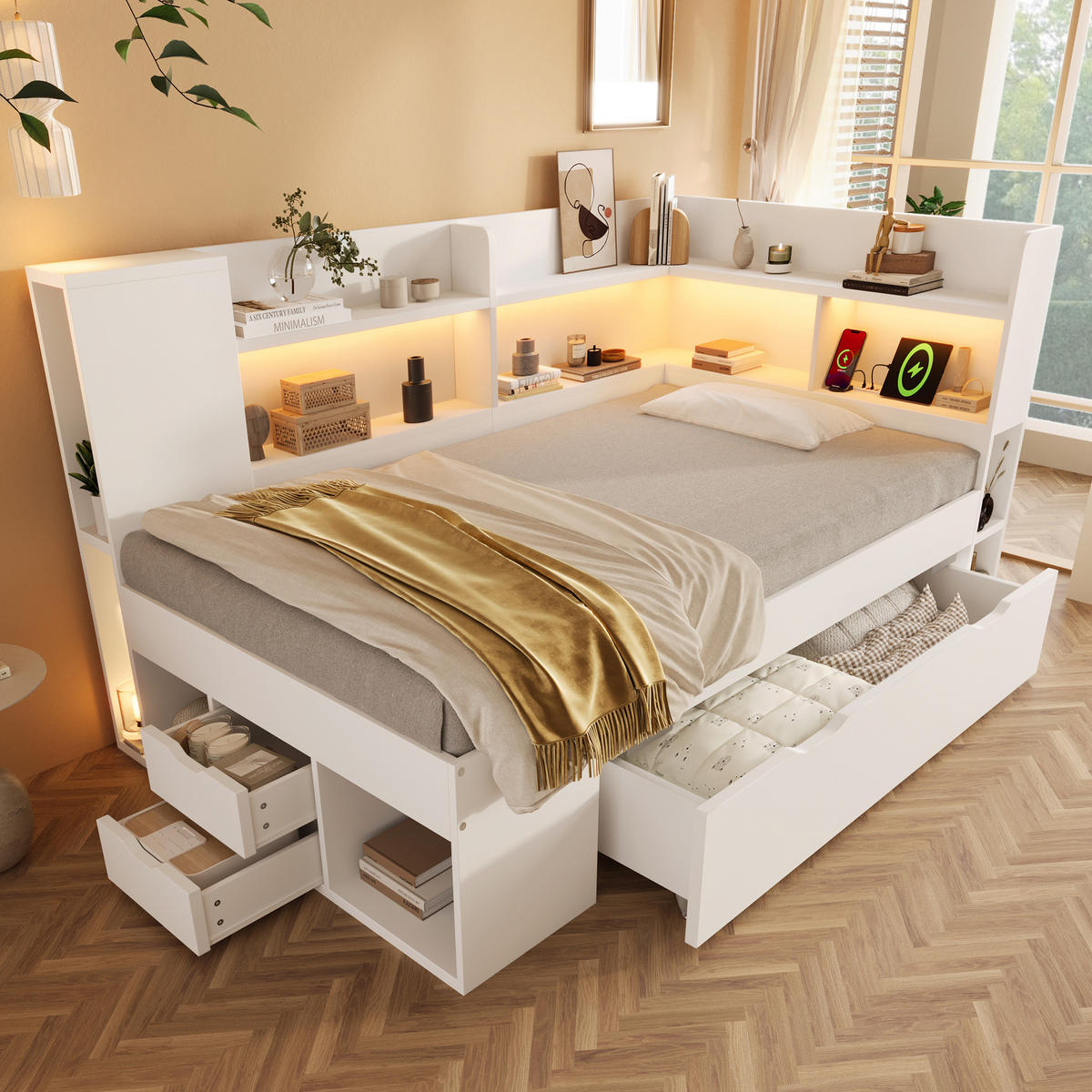 POLSTERBETT 90x190 cm in Weiß mit LED & USB-C Ladestation - Weiß, Holzwerkstoff (90/190cm) - Modfu