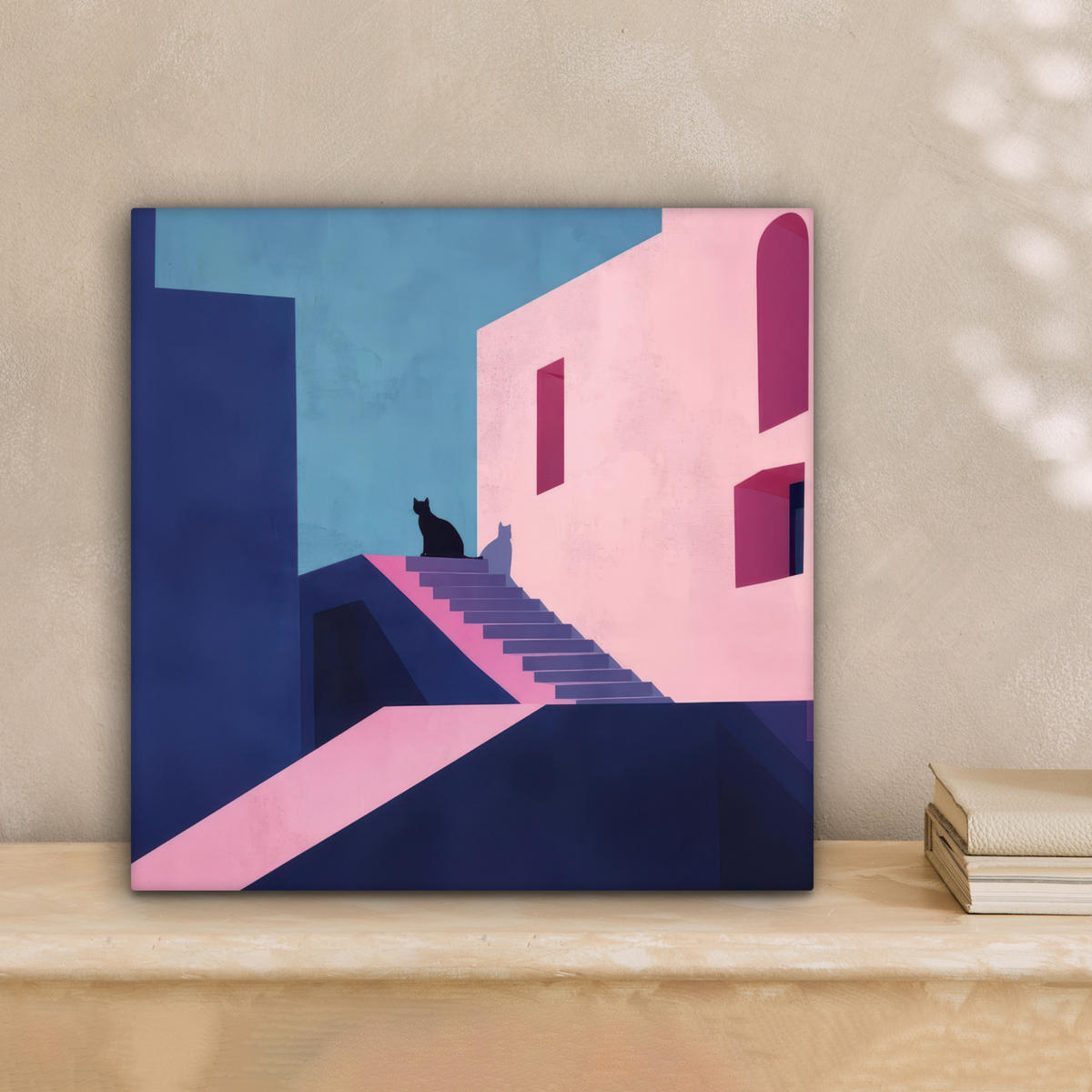 LEINWANDBILD Katze - Treppe - Gebäude - Schattenkontraste Deko Wohnzimmer 20x20 cm - Dunkelblau, Textil (20/20cm) - MuchoWow