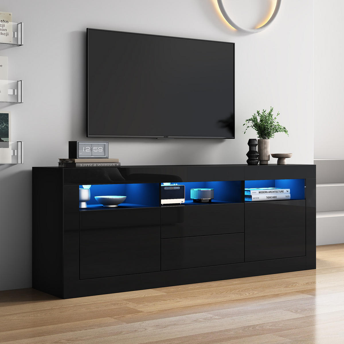 TV-SCHRANK 160x35cm Hochglanz LED-Beleuchtung 3 Fächer 2 Türen 2 Schubladen - Schwarz, Holz (44/22.5/70cm) - FLIEKS