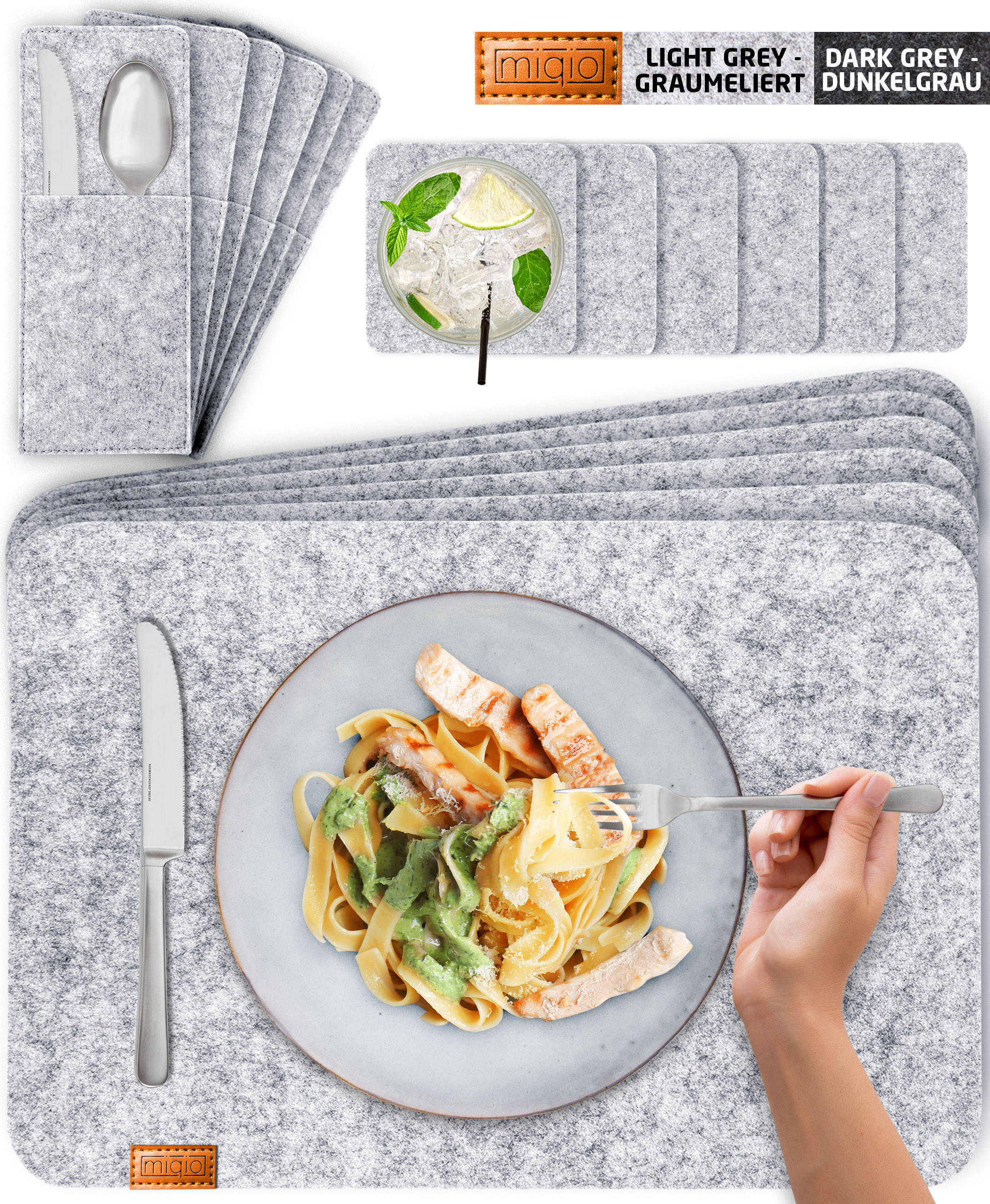 PLATZSETS Untersetzer Taschen 18er-Set - Hellgrau, Textil (44/45/3cm) - Miqio Design