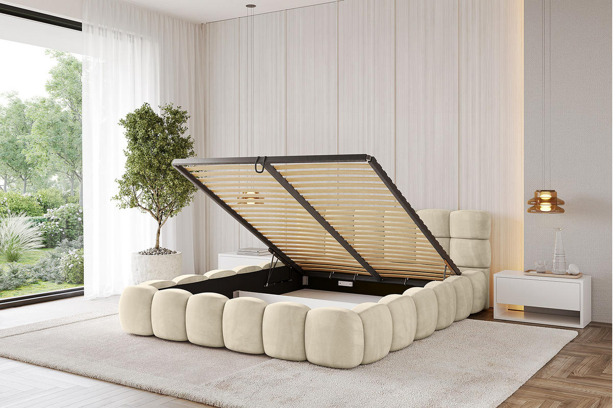 POLSTERBETT mit Bettkasten und Lattenrost, Bett mit Matratze H3/H4 - LEYA-v1 140x200 Beige - Beige, Holzwerkstoff/Textil (140/200cm) - ALTDECOR