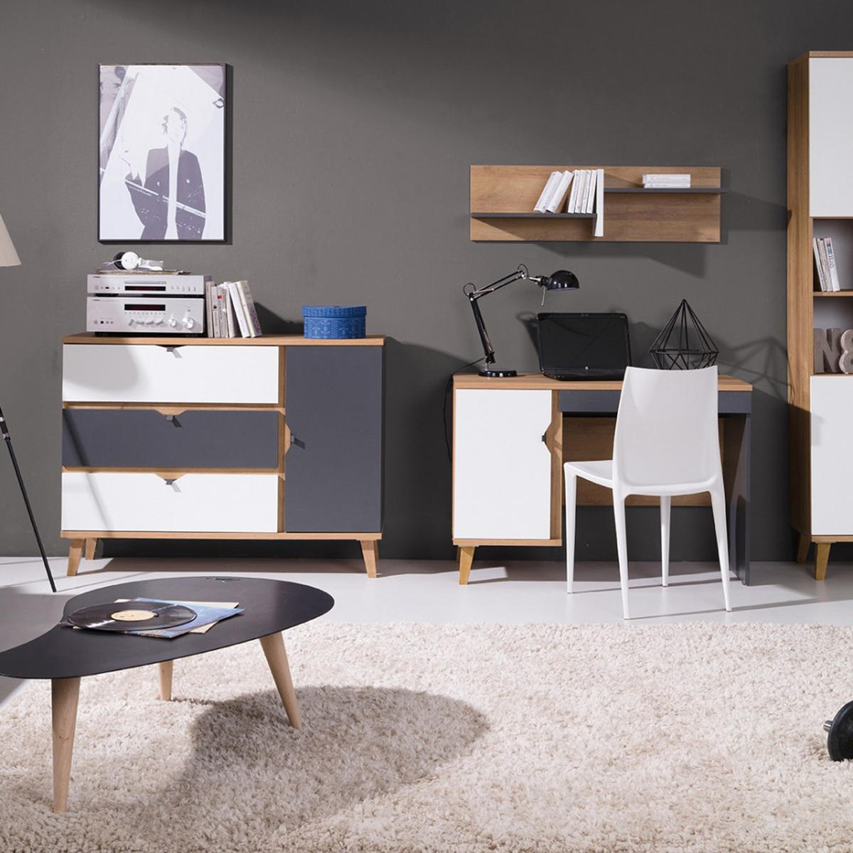 JUGENDBETT Moreno mit Bettkasten 90×200, Eiche gold/mattweiß/graphit - Eichefarben/Graphitfarben, Holzwerkstoff/Kunststoff - Beautysofa