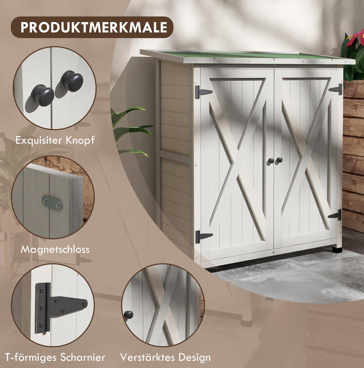 GARTENSCHRANK 110/55/117 cm mit 2 Türen, 2 Einlegeböden und offenem Fach, aus Holz mit Schrägdach, Hellgrau - Hellgrau, Holz (55/117/110cm) - Redom