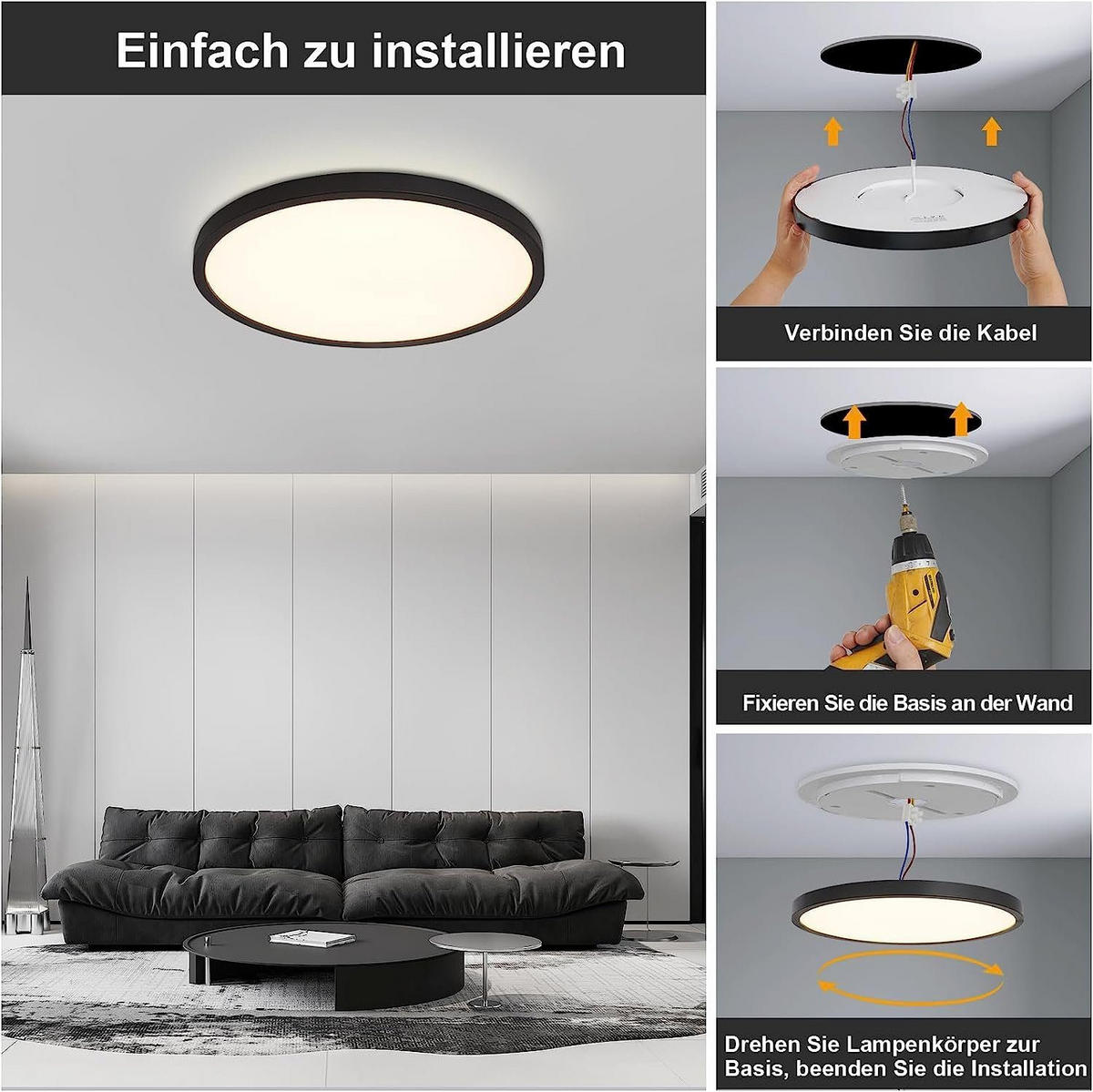 LED DECKENLEUCHTE Gibson 30/30/2 - Schwarz, Kunststoff (30/30/2cm) - Nettlife