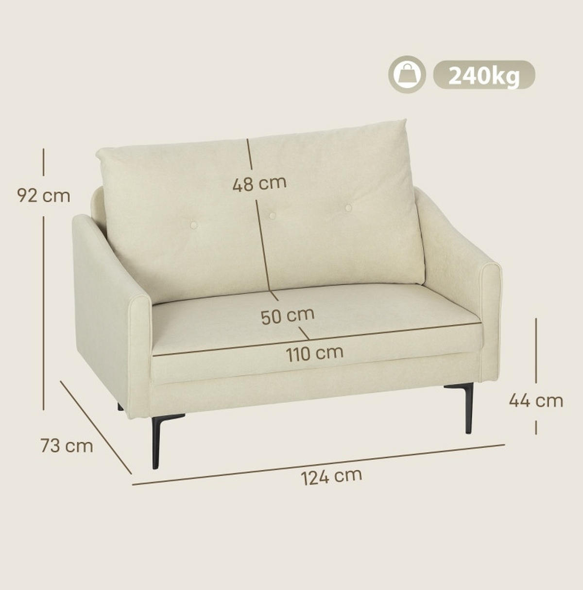 2-SITZER-SOFA aus Metall 124x73x92 cm in Weiß mit Schaumstoffpolsterung - Weiß, Textil (73/92/124cm) - Modfu