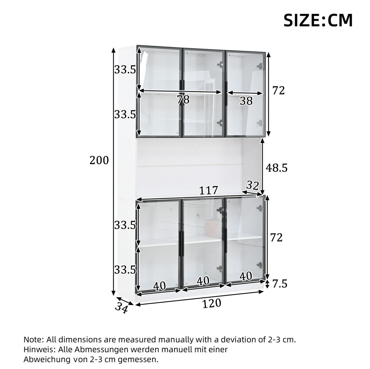 VITRINE 120/34/200 cm weiß aus MDF und Glas mit LED und 6 Türen - Weiß, Holzwerkstoff (120/200/34cm) - OKWISH