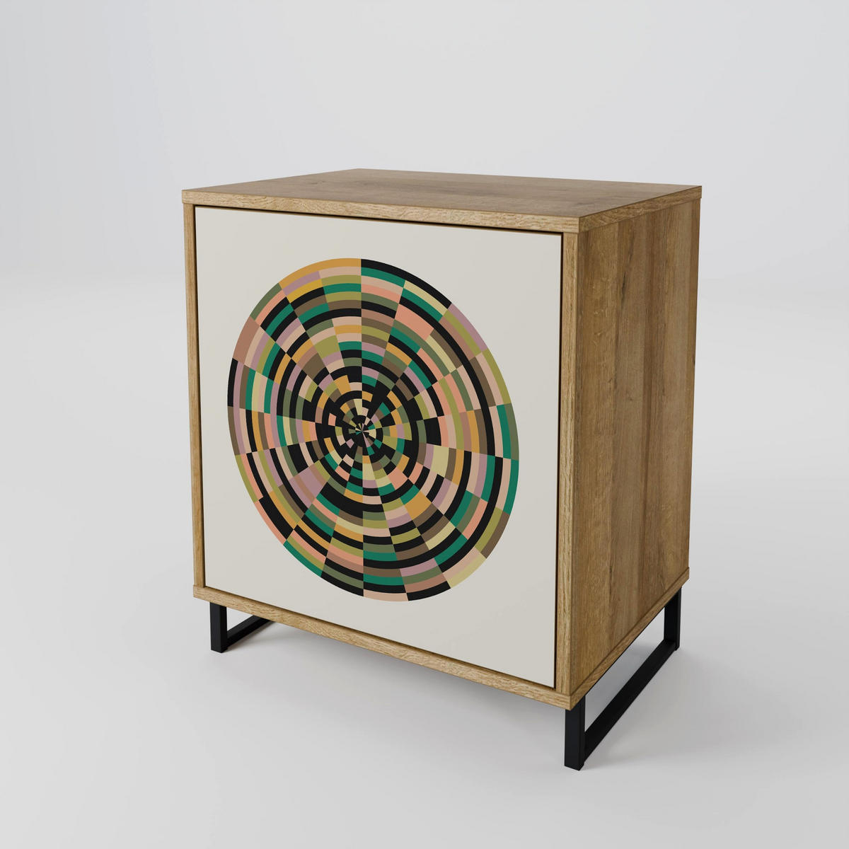 SIDEBOARD GREEN CIRCLES, Eichefarben, 57,5x42x72,5 cm, Schwarze Metallfüße - Eichefarben/Multicolor, Holzwerkstoff/Metall (57.5/72.5/42cm) - SpaceRebels