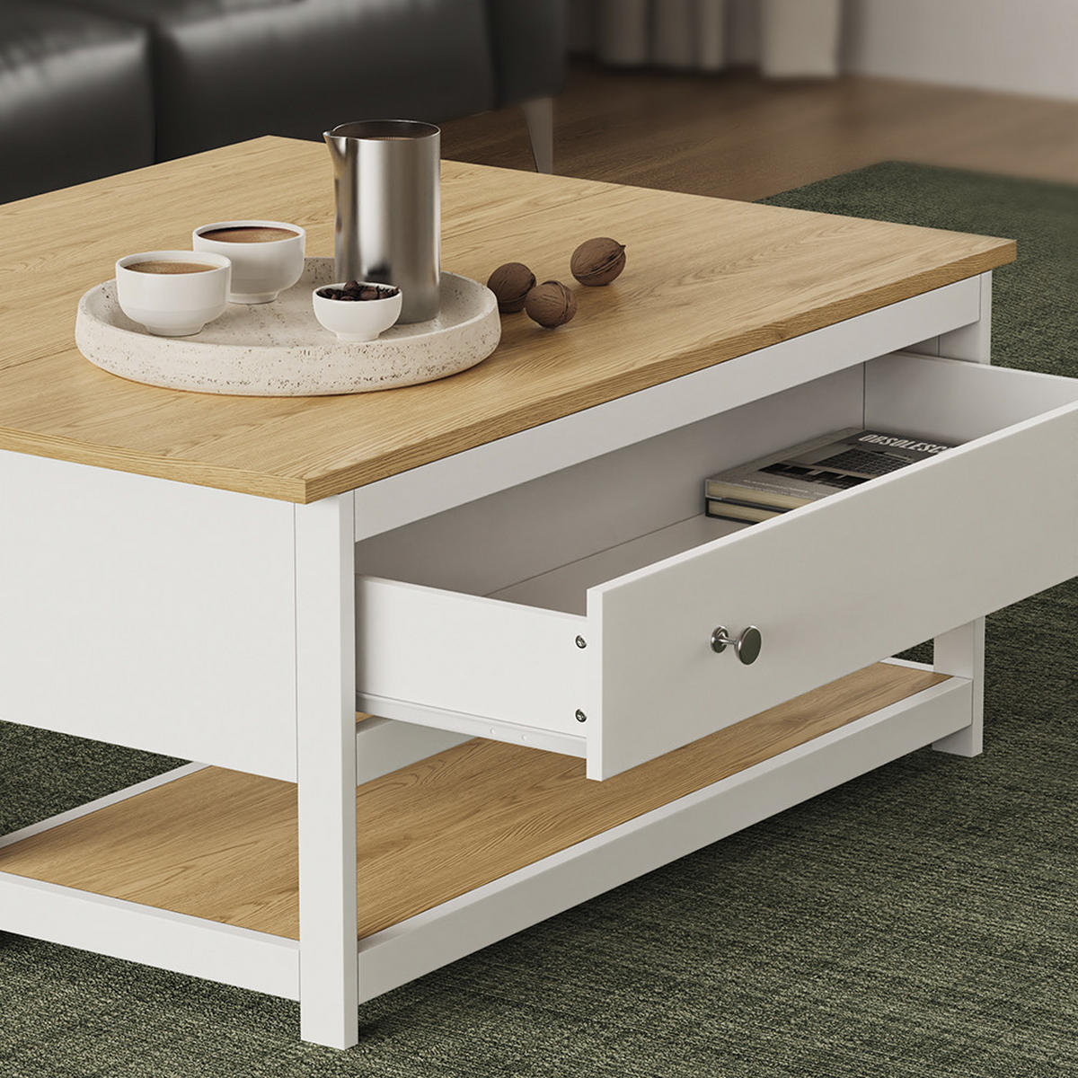 COUCHTISCH Vikla Weiß/Eiche 100 x 40 cm mit ausklappbarer Tischplatte - Weiß, Holzwerkstoff (40/100/44.5cm) - Vicco