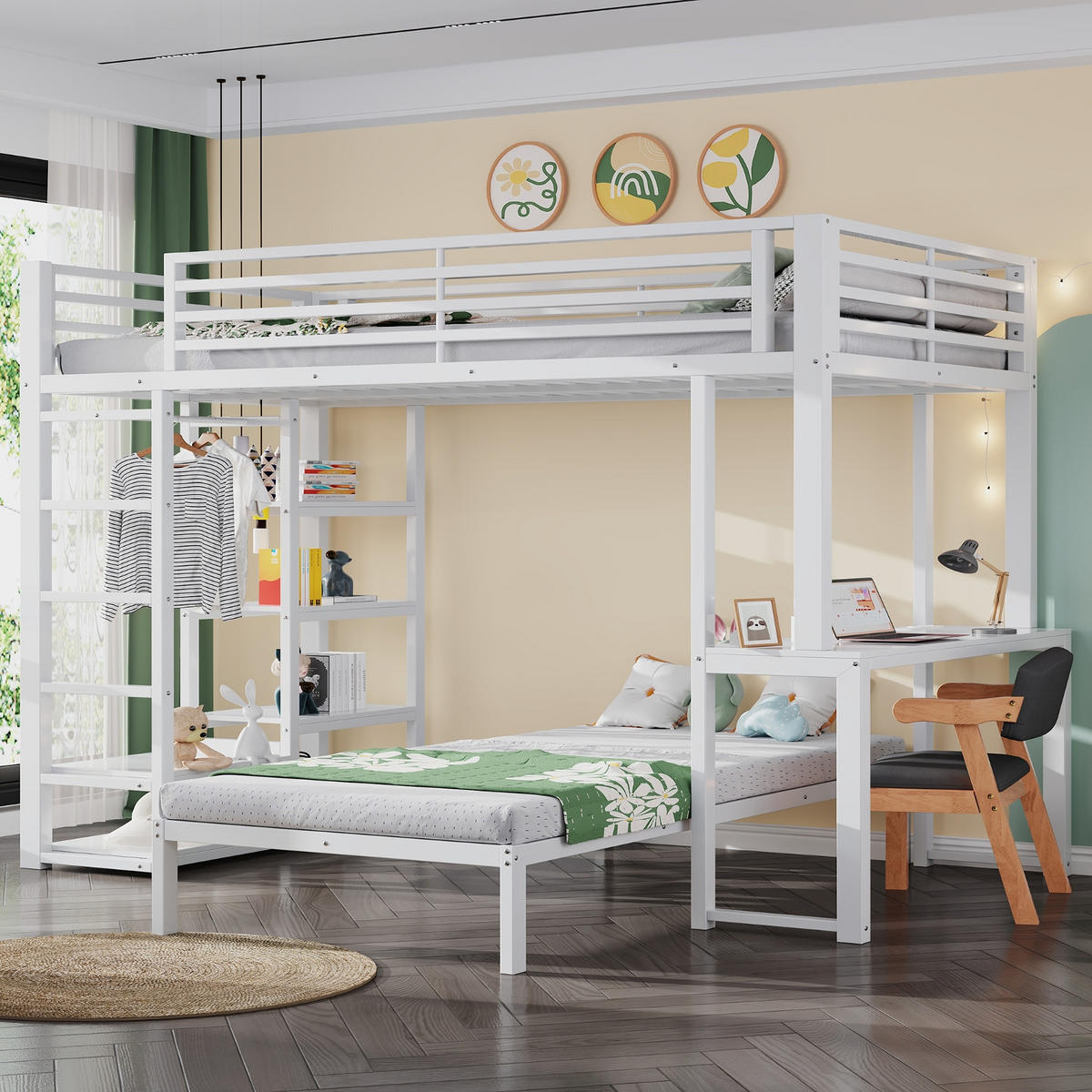 ETAGENBETT 90/200 cm Weiß mit Schreibtisch, Kleideraufbewahrung, USB- und Type-C-Schnittstelle - Weiß, Metall (90/200cm) - Oxeza
