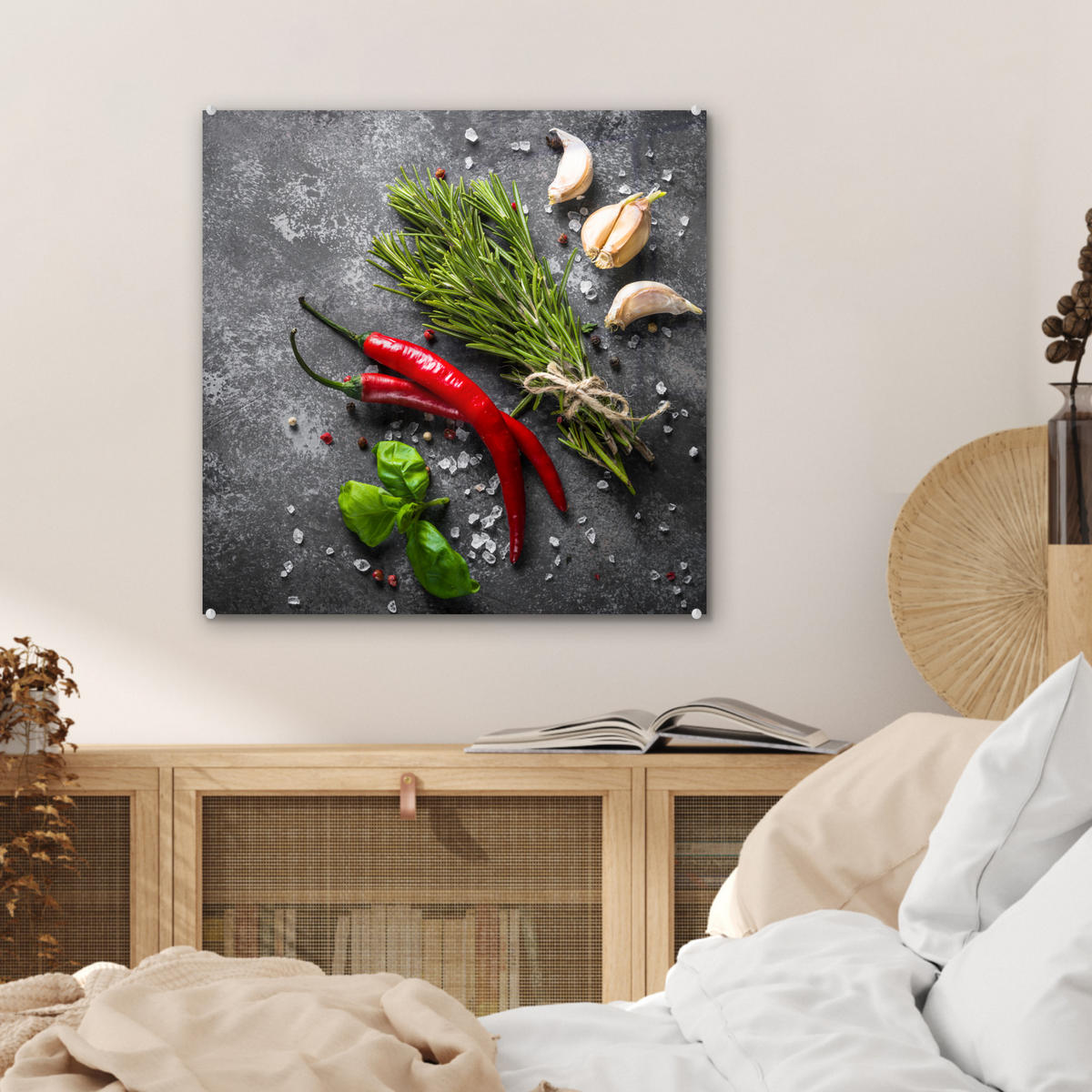 OBRAZ NA AKRYLOVOM SKLE Korenie - bylinky - korenie - betón 50x50 cm - tmavosivá, sklo (50/50cm) - MuchoWow