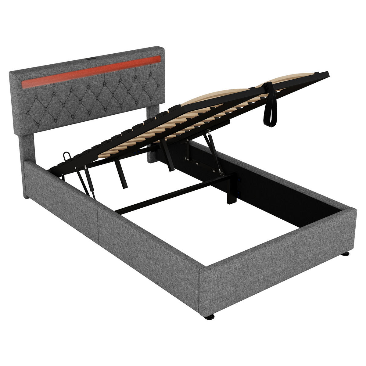 FLACHBETT 140x200cm Grau gepolstert LED Hydraulik USB-C Stauraum - Grau, Holz (140/200cm) - FLIEKS