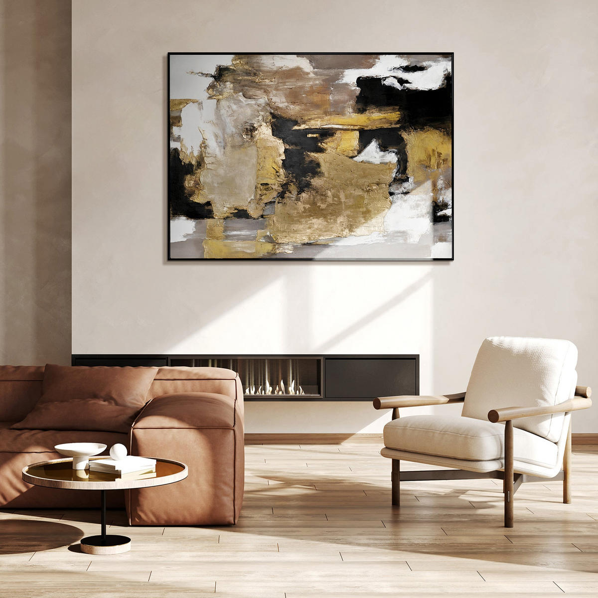 GEMÄLDE Goldene Fragmente II Schattenfugenrahmen Schwarz 140x100 cm - Schwarz, Holz (140/100cm) - YS-art gallery