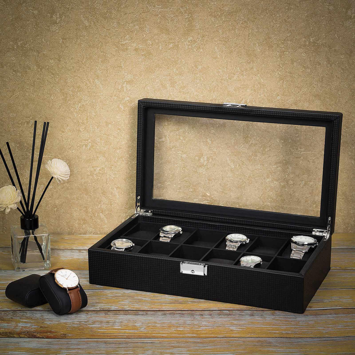 UHRENBOX FÜR 12 UHREN MIT BEZUG - Schwarz, Holzwerkstoff (9/36.2cm) - Hansiro