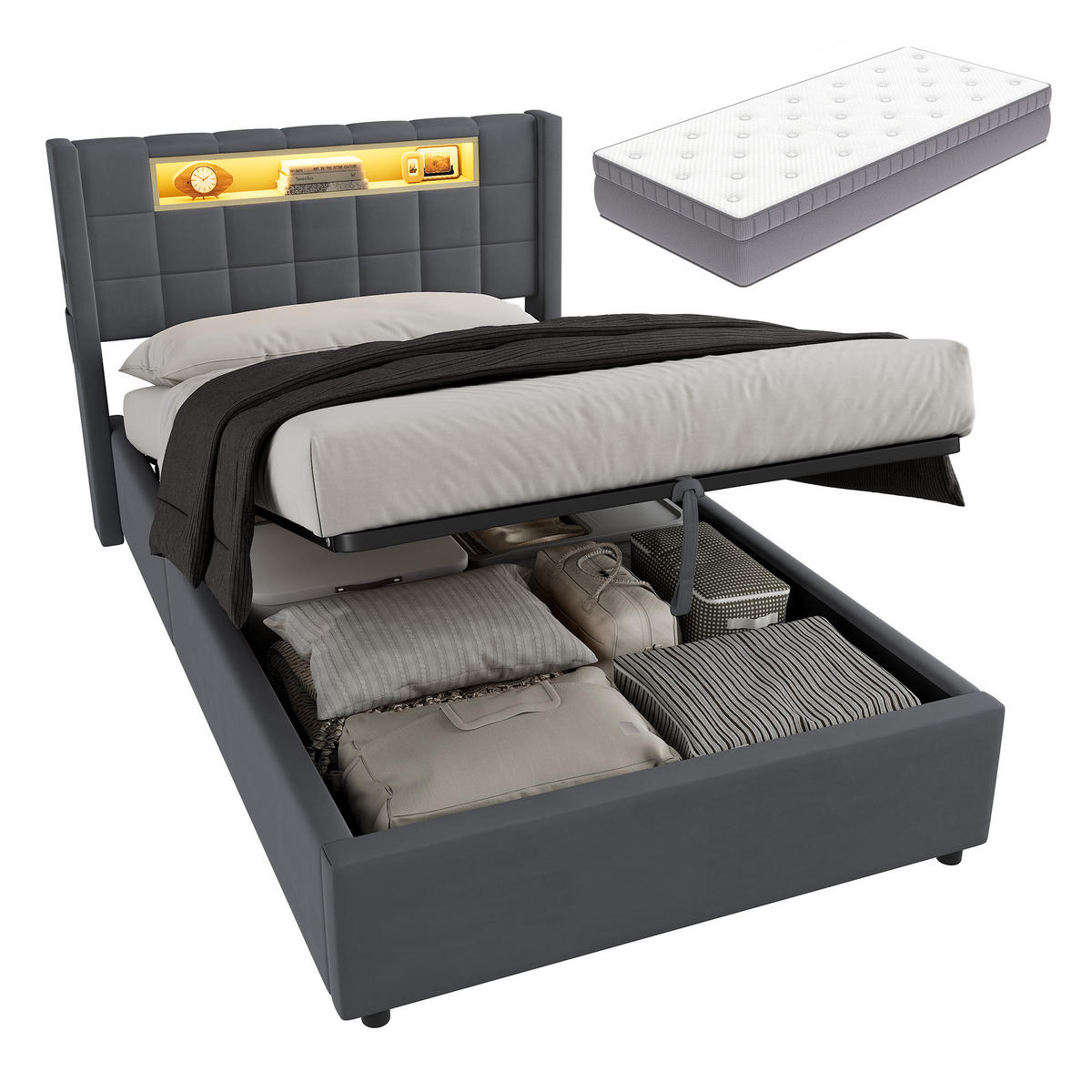 POLSTERBETT 90×200 mit Bettkasten und Matratze,Grau - Grau, Textil (90/200cm) - EVRYAE