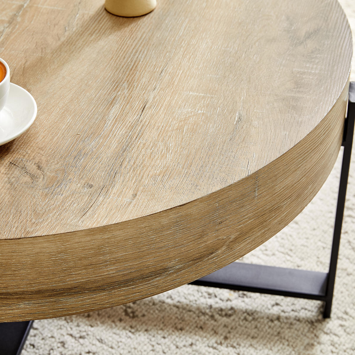 COUCHTISCH in Naturfarbe Wohnzimmertisch mit einem schwarzen Metallkreuzsockel für Wohnzimmer, B68/T68/H36 cm - Schwarz/Naturfarben, Holzwerkstoff/Metall (68/68/36cm) - STILVORA