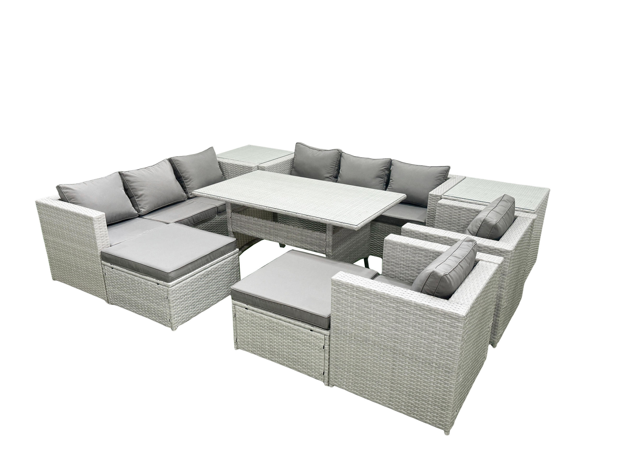GARTENMÖBEL SET mit 3-Sitzer-Sofa und 2 Stühle, Esstisch,2 Großer Hockern,2 Beistelltischen Polyrattan Hellgrau 10-Sitzer - Hellgrau/Grau, Glas/Kunststoff - Fimous