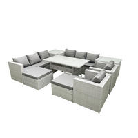 GARTENMÖBEL SET mit 3-Sitzer-Sofa und 2 Stühle, Esstisch,2 Großer Hockern,2 Beistelltischen Polyrattan Hellgrau 10-Sitzer - Hellgrau/Grau, Glas/Kunststoff - Fimous