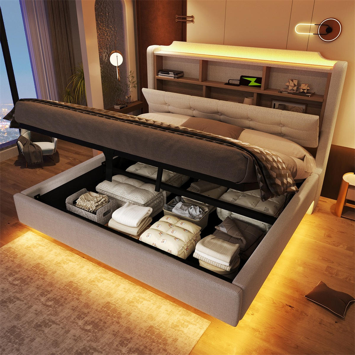 POLSTERBETT 140x200 cm mit LED-Beleuchtung und hydraulischem Stauraum - USB/Typ-C & Klappfach - Beige - Beige, Textil (140/200cm) - DELFA