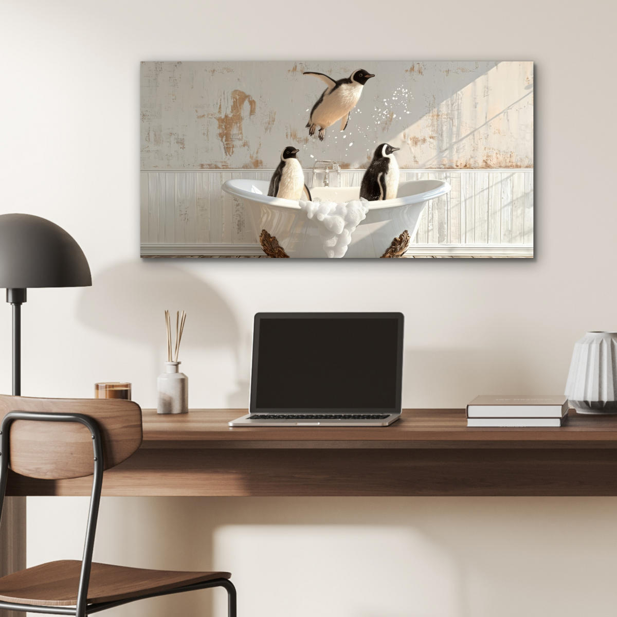KOVOVÝ OBRAZ Vintage - Tučniak - Vaňa - Pena 80x40 cm - čierna, kov (80/40cm) - MuchoWow