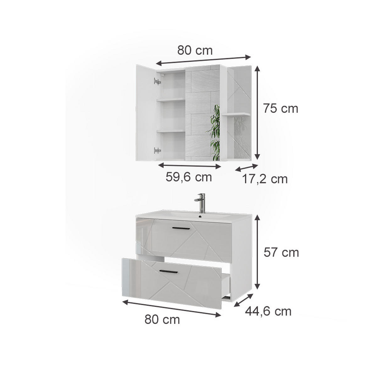 SADA KOUPELNOVÉHO NÁBYTKU Irma Bílá/bílý vysoký lesk - vysoce lesklá bílá, kompozitní dřevo (80/57/44.6cm) - Vicco