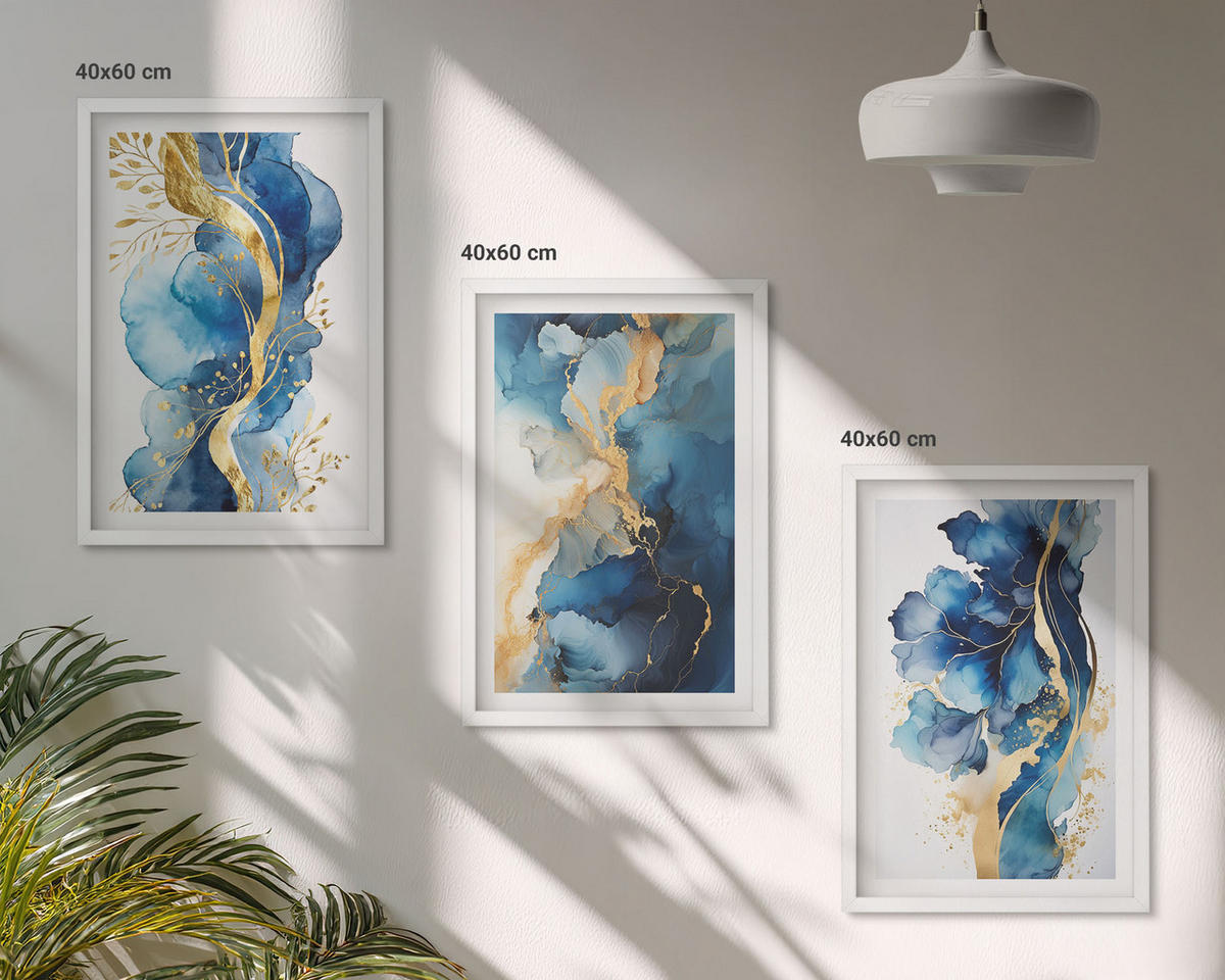BILDER SET 3er Set - 40x60 cm Weißer Rahmen - Blaue abstrakte Muster - Weiß, Kunststoff (40/60cm) - TULUP