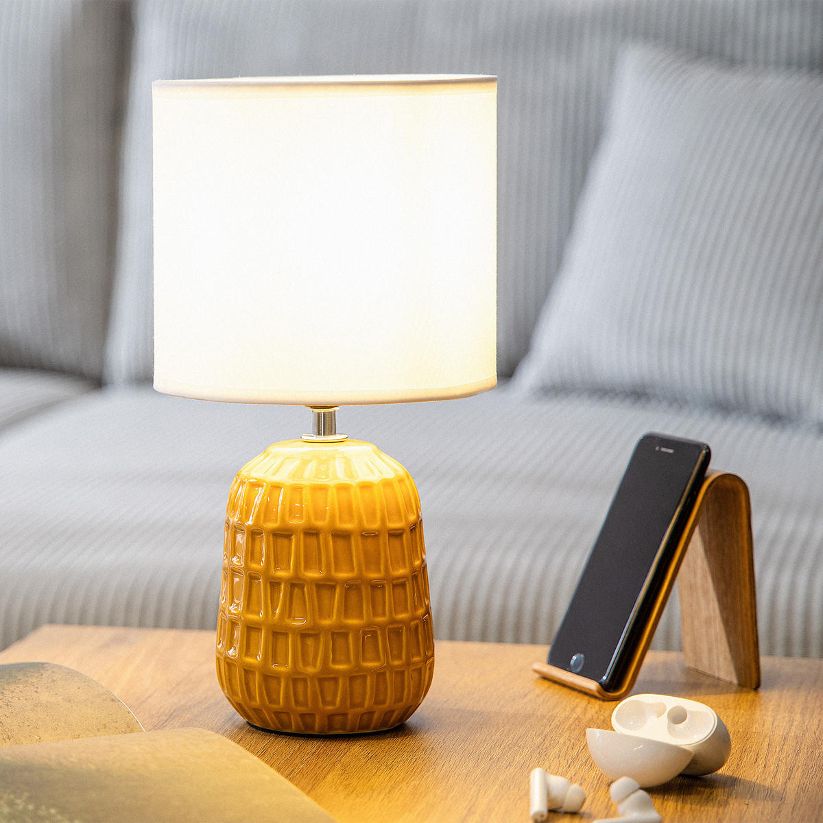 TISCHLEUCHTE STANDI Tischlampe, Honig, Weiß - Gelb, Keramik/Textil (16.5/16.5/31.5cm) - KONSIMO®