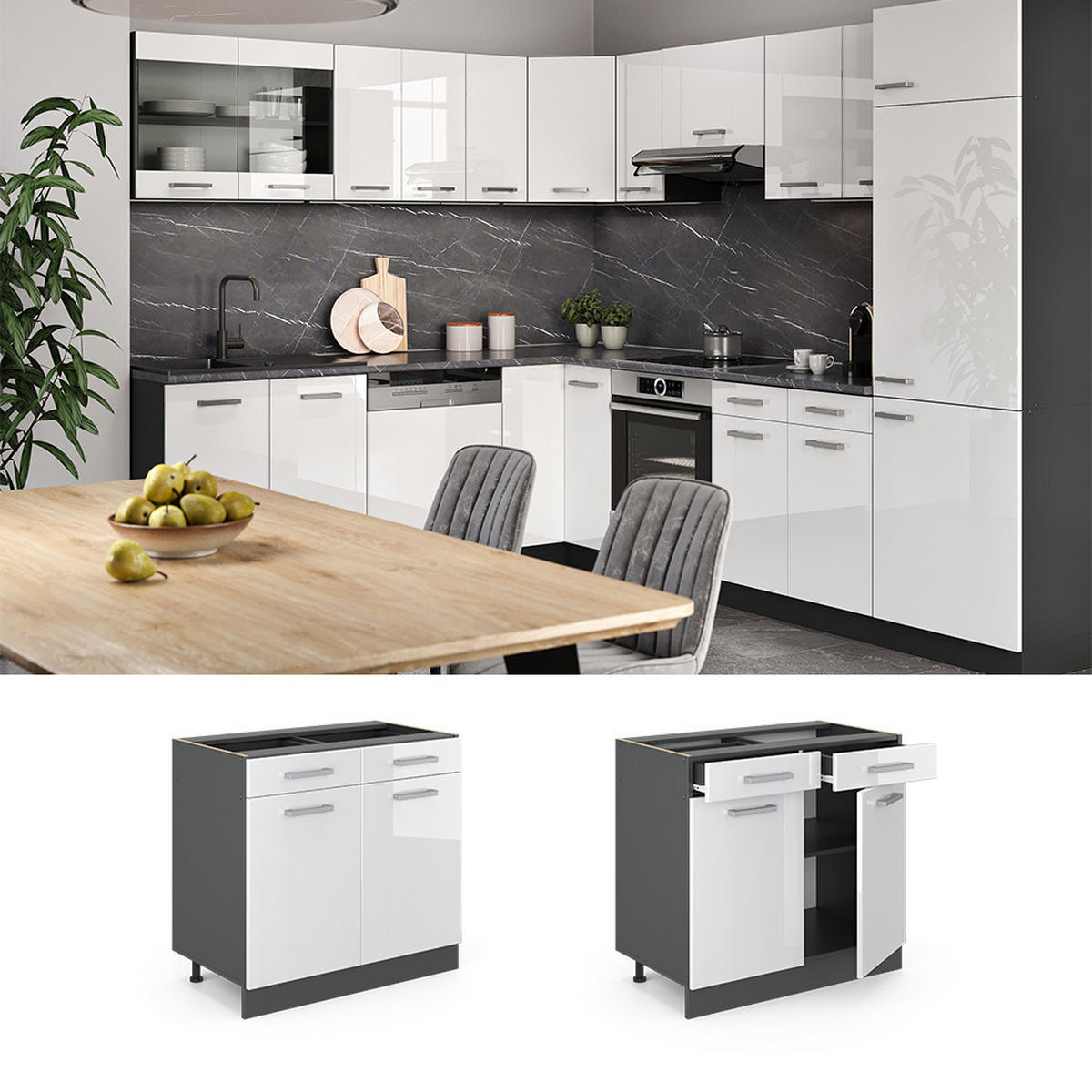 KÜCHENUNTERSCHRANK R-Line Weiß Hochglanz 80 cm AP Marmor - Weiß Hochglanz/Anthrazit, Holzwerkstoff (80/81.6/60cm) - Vicco