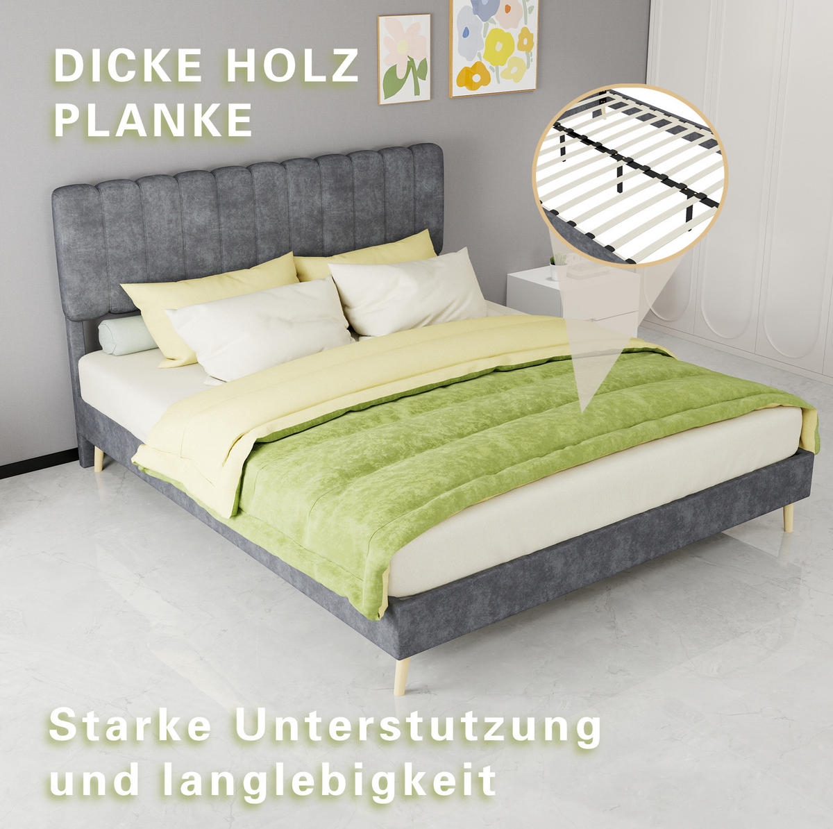 POLSTERBETT 160/200 cm mit hohem Kopfteil und Matratze, Samtoptik Metall/Holz, Grau - Grau, Textil (160/200cm) - Redom