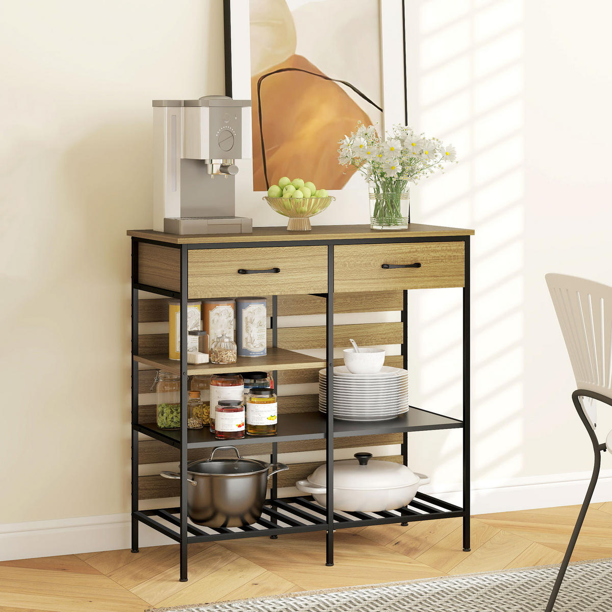 SIDEBOARD DE-11223 2 Schubladen & 3 offene Fächer Naturholz/Schwarz - Naturfarben, Holzwerkstoff (90/91/40cm) - ComfortXL